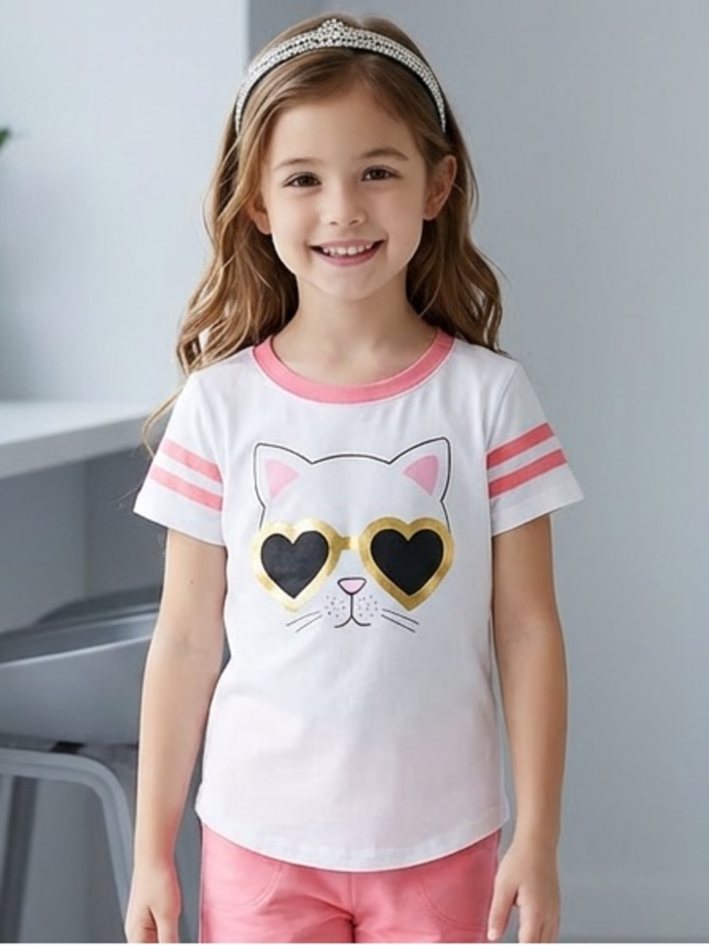 NWT Chaser Girls White and Pink Graphic Cat Short Sleeve Tee Shirt - Size 5